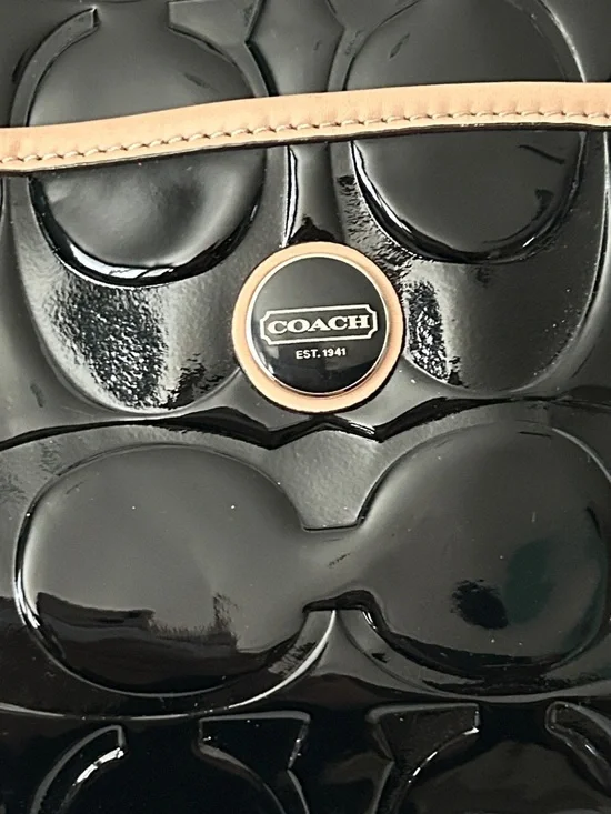 Coach Black Patent Leather w/ Tan Leather Trim Tote Shoulder Bag Purse ♥️♥️ - Picture 3 of 13